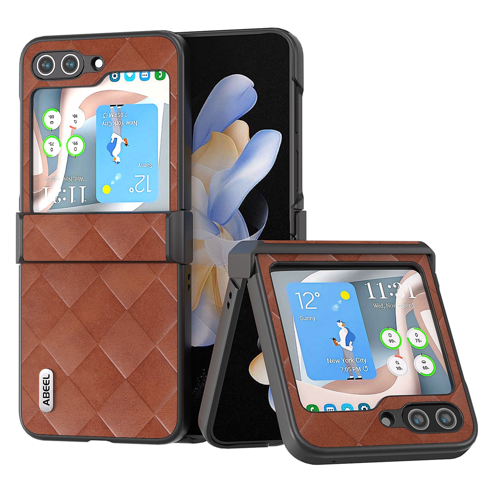 ABEEL For Samsung Galaxy Z Flip5 5G Leather Coated PC Phone Case Grid Texture Hinge Design Phone Cover ABEEL For Samsung Galaxy Z Flip5 5G Leather Coated PC Phone Case Grid Texture Hinge Design Phone Cover